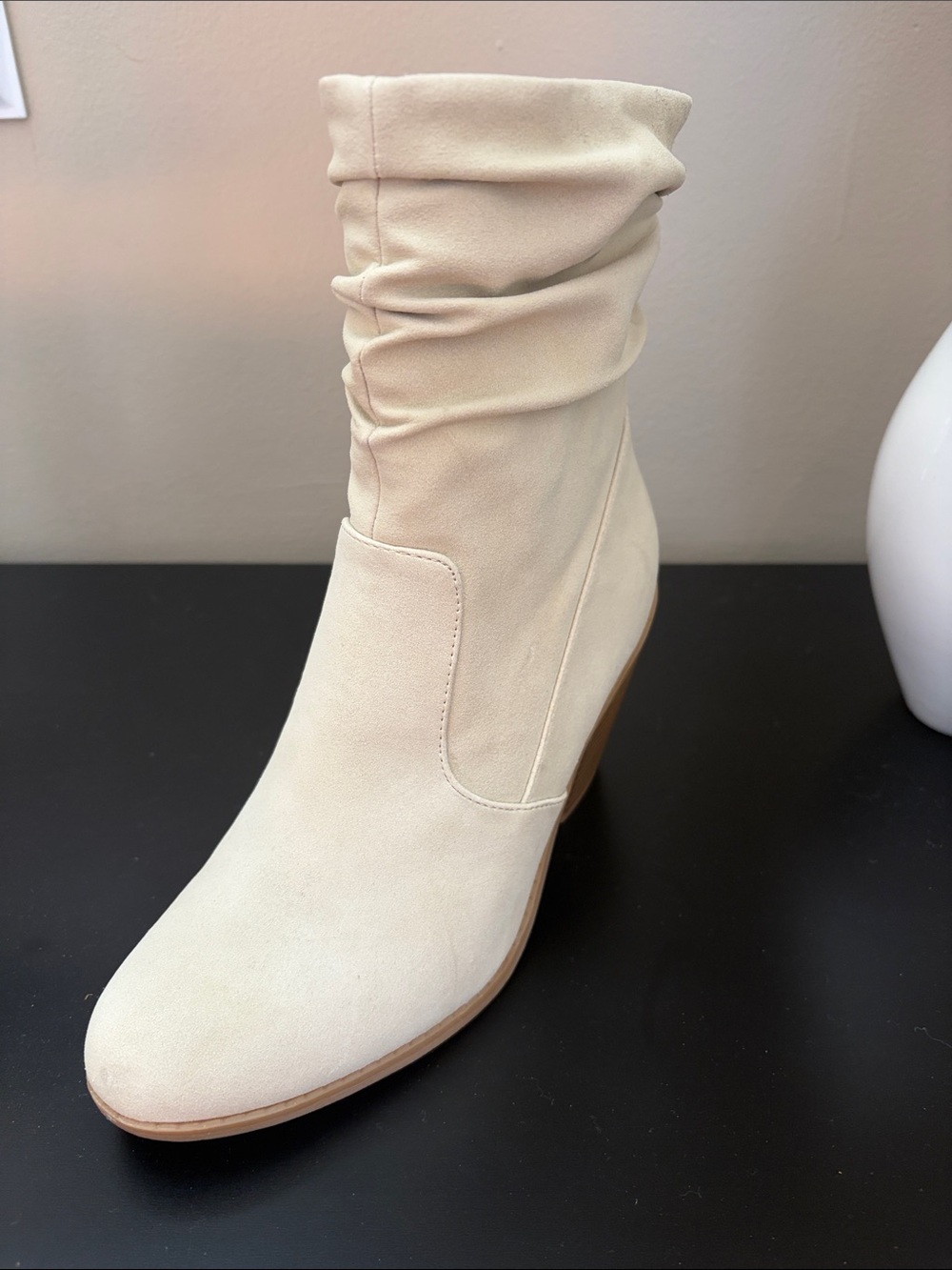 Kim Rogers Cream Slouch Ankle Boot with Stacked Heel